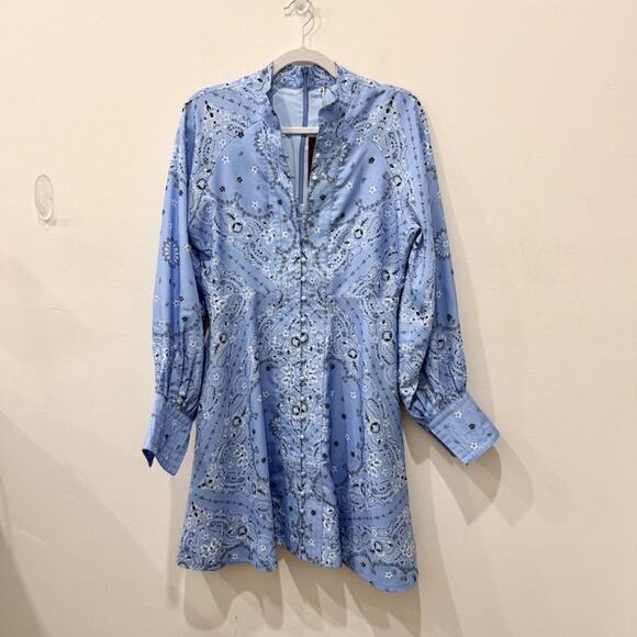 Bandana Paisley Print Long Sleeve Button-Front Shirt Mini Dress Blue Women's M - Picture 1 of 3